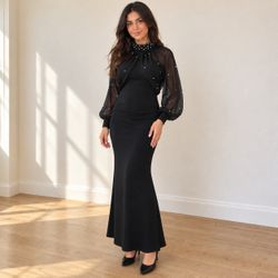 Black Maxi Dress with Pearl-Detail High Neck and Sheer Sleeves, Size M