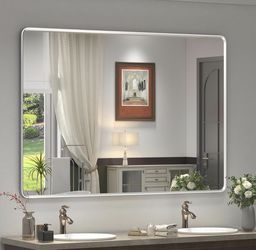 GOLOMO 48x32 Inch Silver Bathroom Mirror For Wall, Silver Metal Framed Mirror, Rounded Rectangle Mirror, Beveled Border, Anti-Rust, Shatterproof (Hori