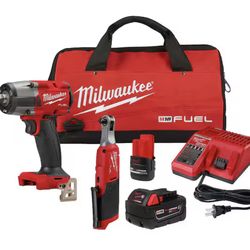 Milwaukee M18 FUEL 18V Cordless Mid Torque 1/2 in. Impact Wrench w/ M12 FUEL 3/8 in. Ratchet & Battery/Charger Combo Kit