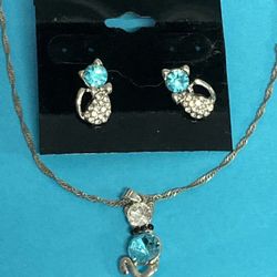 Cat Jewelry Set, 16” Silver Necklace & Earrings