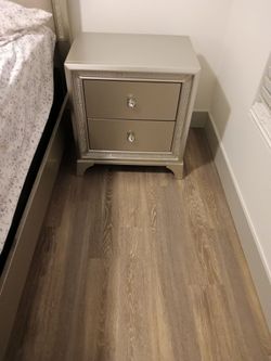 Queen bed base with 2 nightstands, box spring and new mattress included