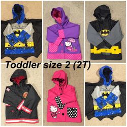Rain Jackets For Toddlers Size 2 (T2) 3 (T3) / Batman / Superman (T3)  / Fireman / Hello Kitty / Superhero’s / Cartoons Kids / $10 Per Jacket