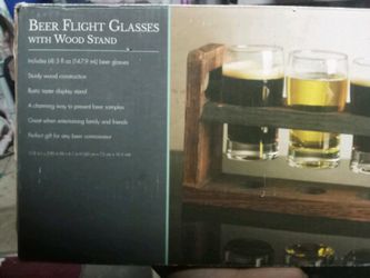 Beer Flight Glasses And Wooden Stand Set Of 4