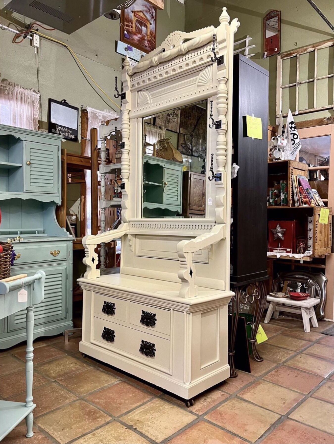 Gorgeous Antique Mirrored Hall Tree, 8 Feet Tall