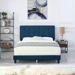  New Morden Fort Upholstered Blue Fabric  Queen Platform Bed Frame