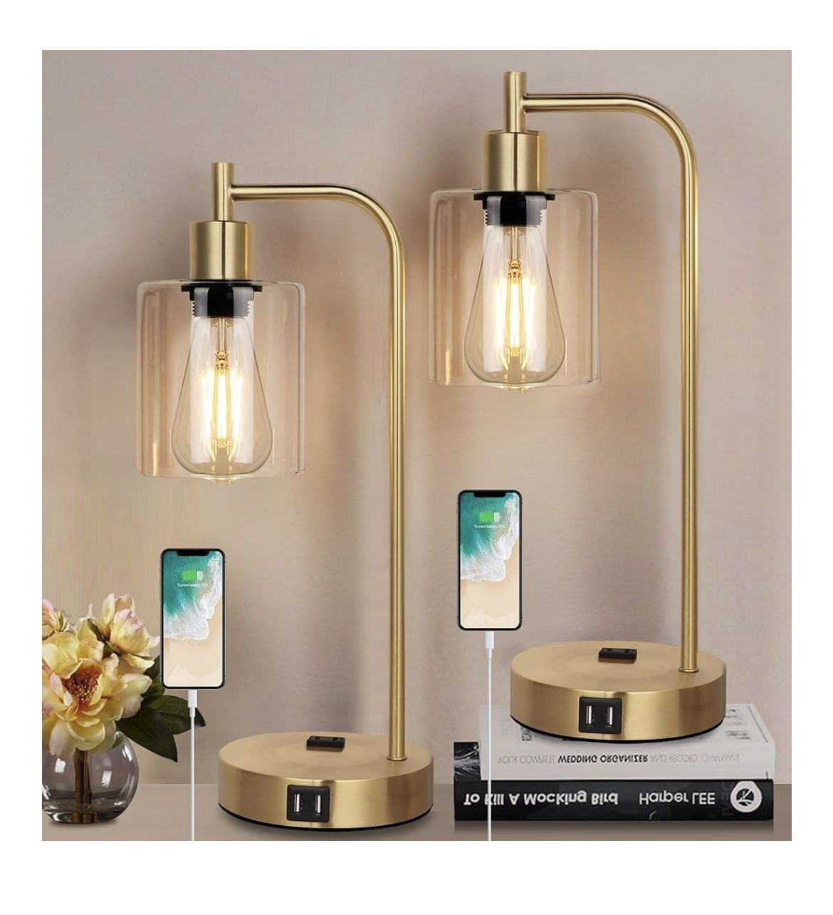 Set of 2 Industrial Touch Control Table Lamps with 2 USB Ports