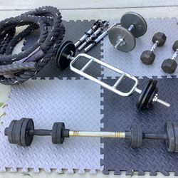 GREAT WORKOUT EQUIPMENT, GREAT BARBELL FOR CURLING REPS, SUPER BARBELL THAT BREAKS DOWN INTO A SET OF DUMBBELLS, OTHER DUMBELLS., NICE LARGE BATTLE WO