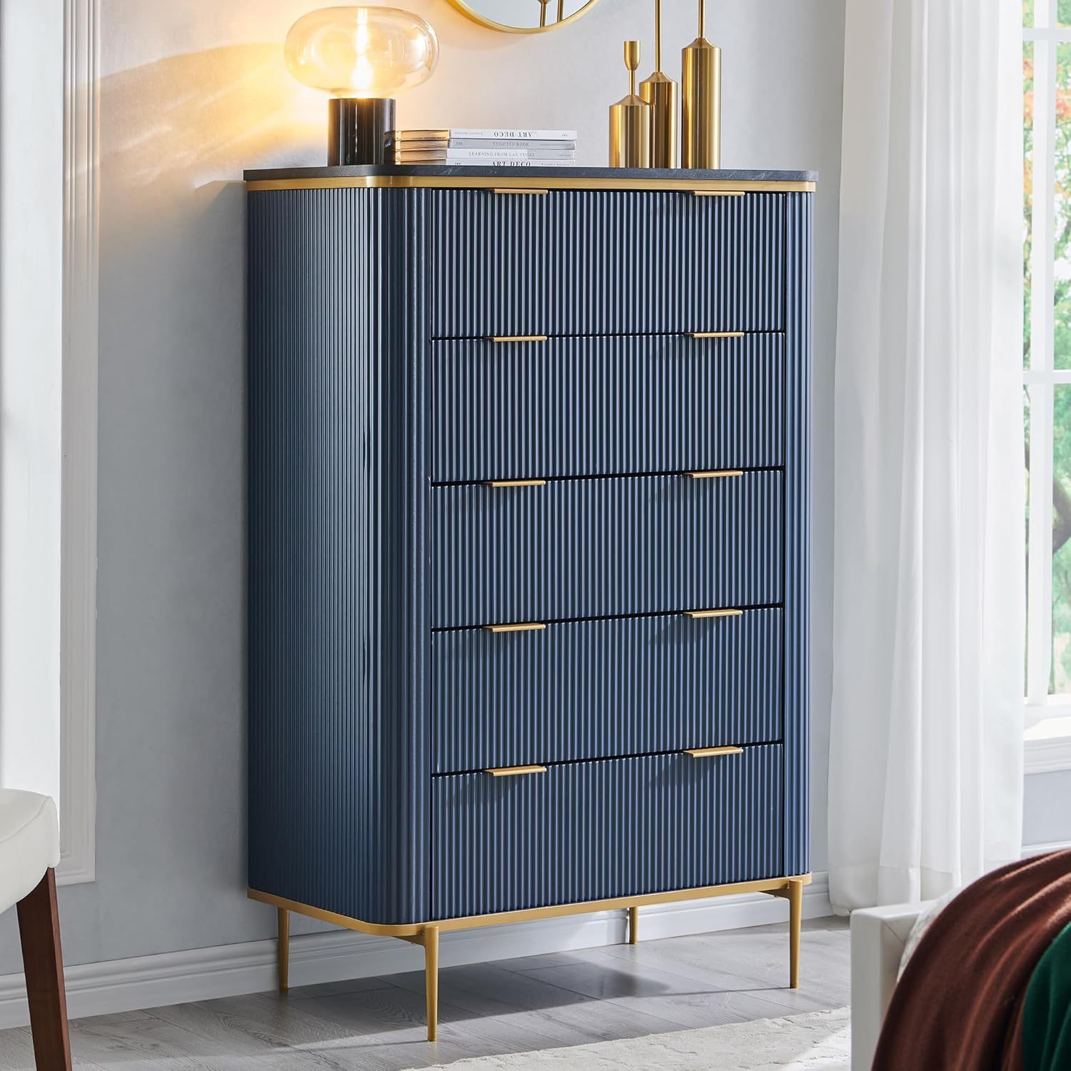 Fluted 5 Drawers Dresser for Bedroom, 48" Tall Modern Dresser Chest of Drawers, Gold Accents, Fluted Fronts, Wood Storage Dressers Organizer