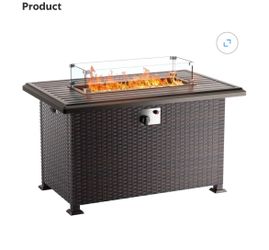 ALAULM Outdoor Propane Gas Fire Pit Table 43in,55,000 BTU,Auto-Ignition,Adjustable Flame,Windshield,Brown PE Rattan