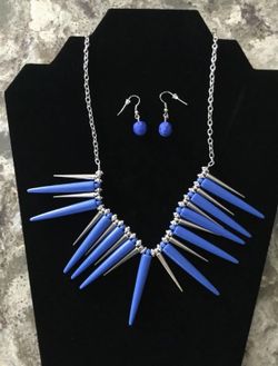 Blue and Silver Spike Necklace and Matching Pierced Dangle Earrings Set