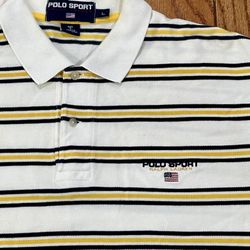 😬 White Yellow Striped Mens LARGE Ralph Lauren POLO SPORT Short Sleeve Collared Vintage Golf Dress Shirt