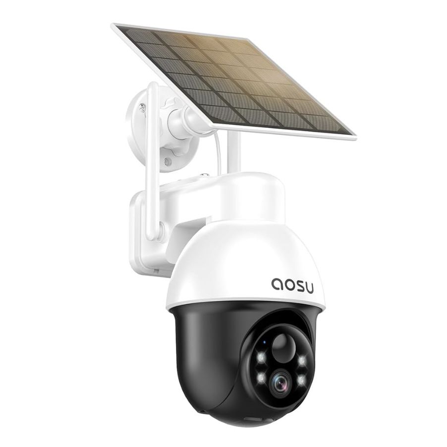 AOSU Solar Security Camera Wireless Outdoor with Panoramic PTZ, Human Auto Tracking, 2K Night Vision, Light and Sound Alarm, 2-Way Audio, Compatible w