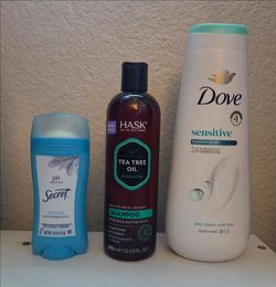 Secret unscented antiperspirant, Hask 12oz tea tree oil shampoo, Dove sensitive 20oz body wash-$3 each