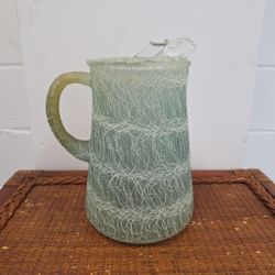 Vintage Mid Century Modern Sea Foam Green Spaghetti Drizzle Glass Pitcher