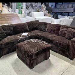 4-pc Sectional Sofa With Ottoman Chocolate Fur-Like Jumbo Corduroy 