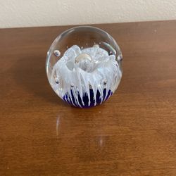 Blown Glass Paperweight Vintage Art Glasd White Flower Cobalt Blue Base Bubbles