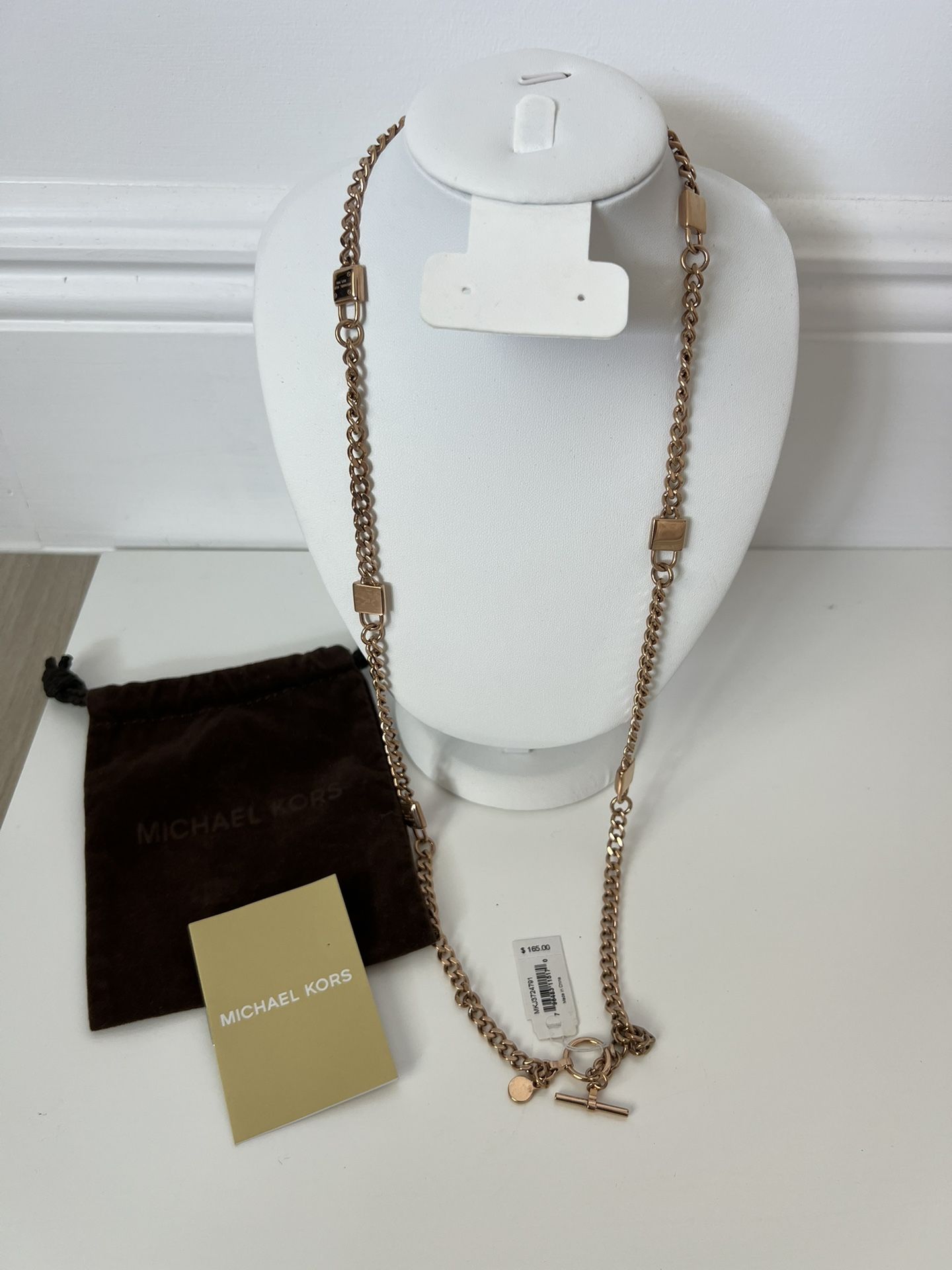 NWT Michael Kors Rose Gold Tone Logo Station 32” Necklace