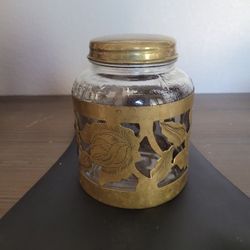 Vtg. Glass Vanity Decorative Jar Screw Top Brass Encased Cutwork Floral Pttrn 