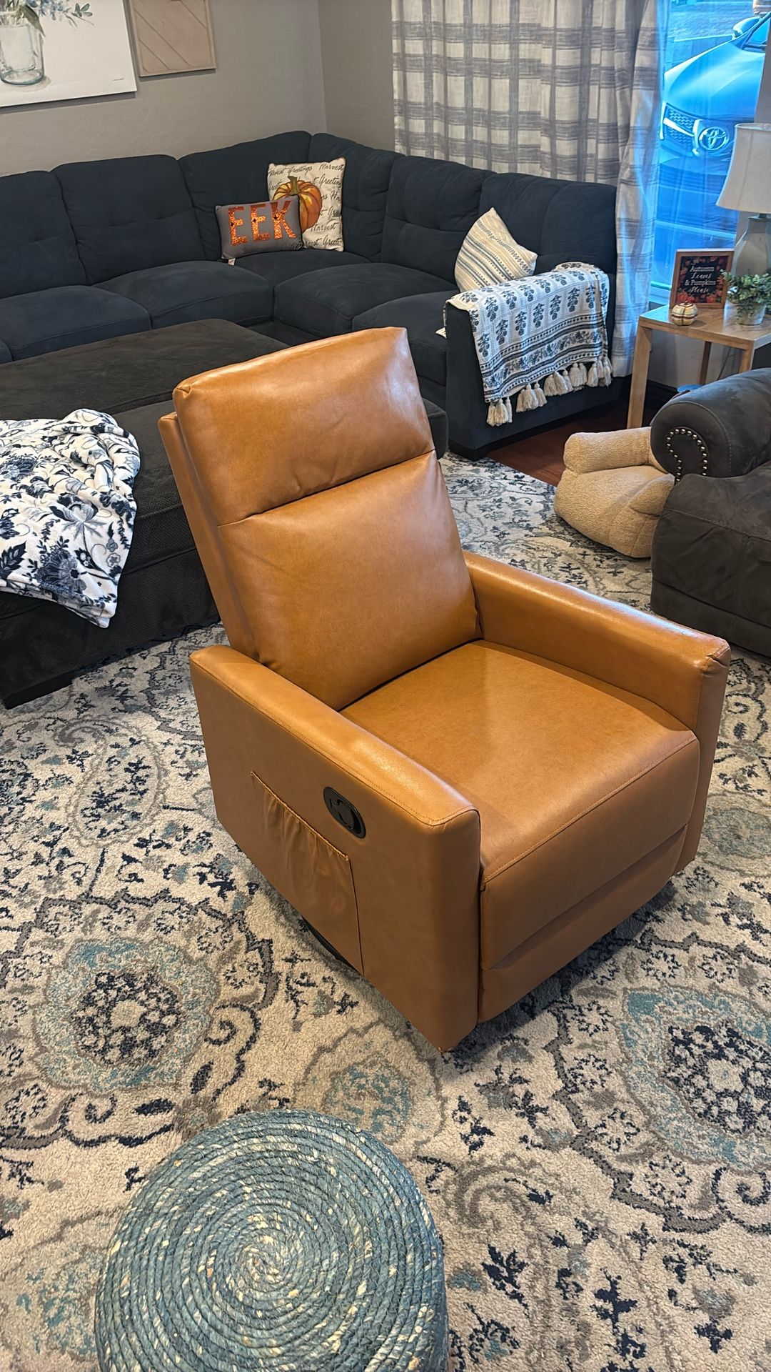 Tan Leather Look Swivel, Rocker & Recliner Chair