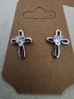 Silver Cross Stud Earrings with Crystal Stone