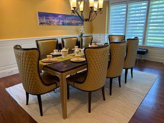 Luxury Dining Table & 8 Upholstered Dining Chairs Set