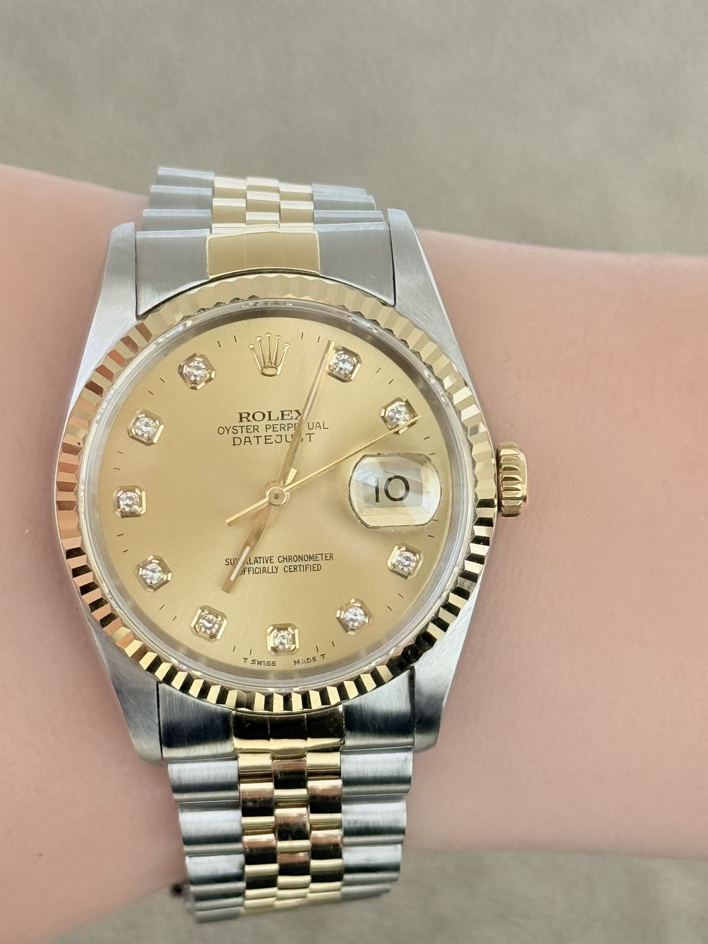Rolex Pre Owned 36mm DateJust Champagne Diamond Dial Model 16233