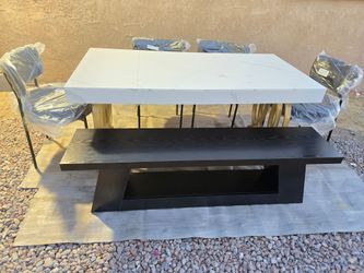 Dining Room Set, 63" Modern Kitchen Table, Faux Marble Tabletop with Bench & 4 Sherpa/Teddy Chairs🌱