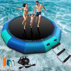 Inflatable Water Trampoline 10FT/12FT/15FT for Kids & Adults Floating Trampoline for Lake Portable Lake & Pool Bounce Platform with Electric Air Pump 