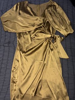 Olive Gold Satin Long Sleeve Wrap Dress