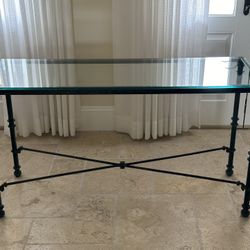 Glass Top Verdigris Metal Console Table