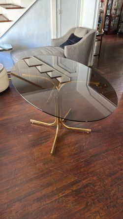 1970’s Hollywood Regency Brass & Smoked Glass Oval Dining Table