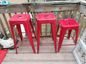 Set of 3 Red Metal Bar Stools