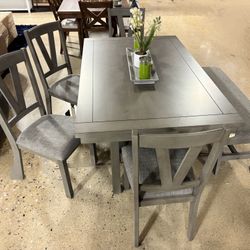 New 6 Piece Gray Dining Set with Bench Seating