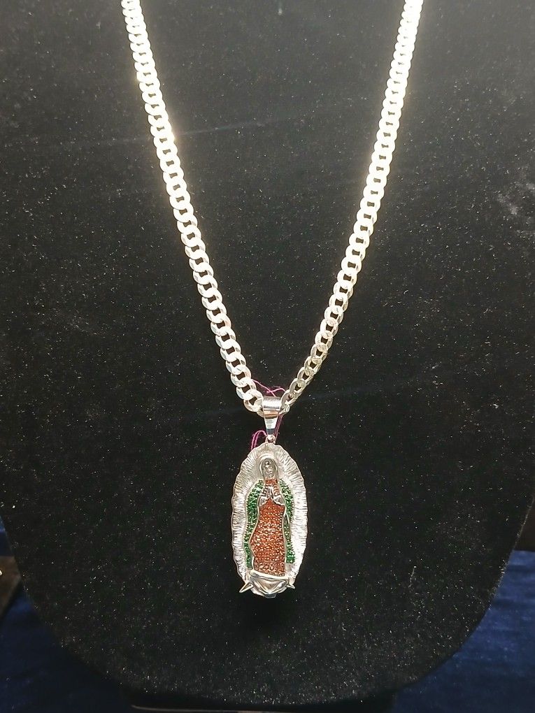 Silver Diamond Cut Curb Chain With Virgin Mary Pendant
