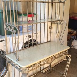 Antique Marble Finish Cast Iron Rack / Stand With Glass Shelves