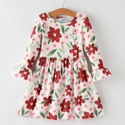 BRAND NEW - Christmas Girls' Long Sleeve Floral Dress – Red and Pink
