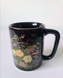 Kutani Japanese Black Coffee Tea Mug With House Flowers