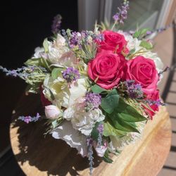 The French Bee Floral Arrangement Faux Silk Pink Roses, White Peonies, Lavender, Flowers Vase Large