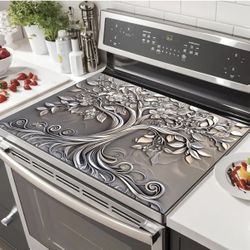 1/3 Stovetop Mat 28 x 20 inches, Silver Tree of Life Pattern, Glass Flat Stovetop Mat, Kitchen Suitable, Can Be Placed Under Coffee Maker, Absorbent P