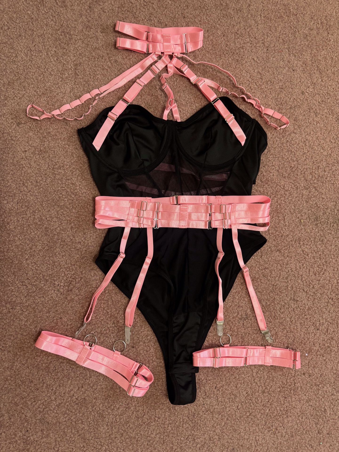 New large black Strappy mesh festival rave gothic bodysuit lingerie Set