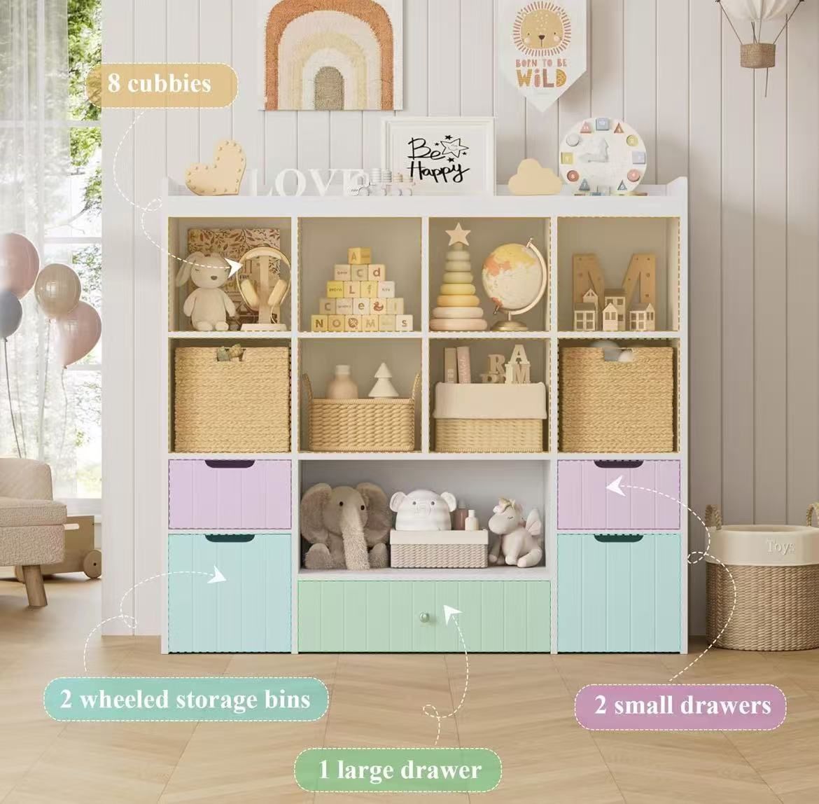 48 inch wide children's toy storage organizer, large toy storage trunk with removable containers, 46-inch high children's shelf $ 120