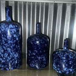 Set of 3 Deep Blue Speckled Ceramic Bottleneck Vases