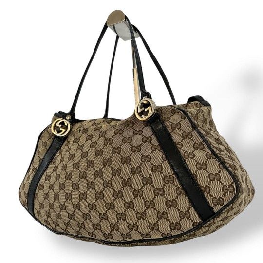 𝐆𝐔𝐂𝐂𝐈 𝐆𝐆 Pattern Tote Bag Shoulder Leather Canvas Brown Beige G Logo