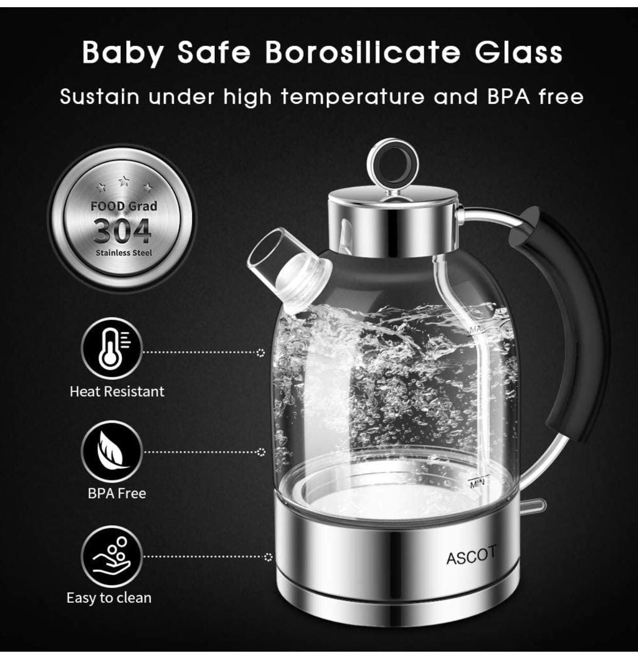 lectric Kettle, Glass Electric Tea Kettle 1.6L, 1500W, Stainless Steel Tea Heater & Hot Water Boiler, Borosilicate Glass, BPA-Free, Cordless, with Au