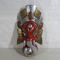 Lord Ganesha Inlay Copper Brass Hindu Folkart Wall Decor Wood Mask 14"
