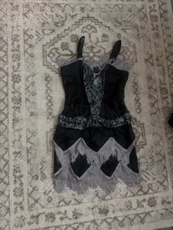 Black Mini Dress with Fringe and Lace Detail