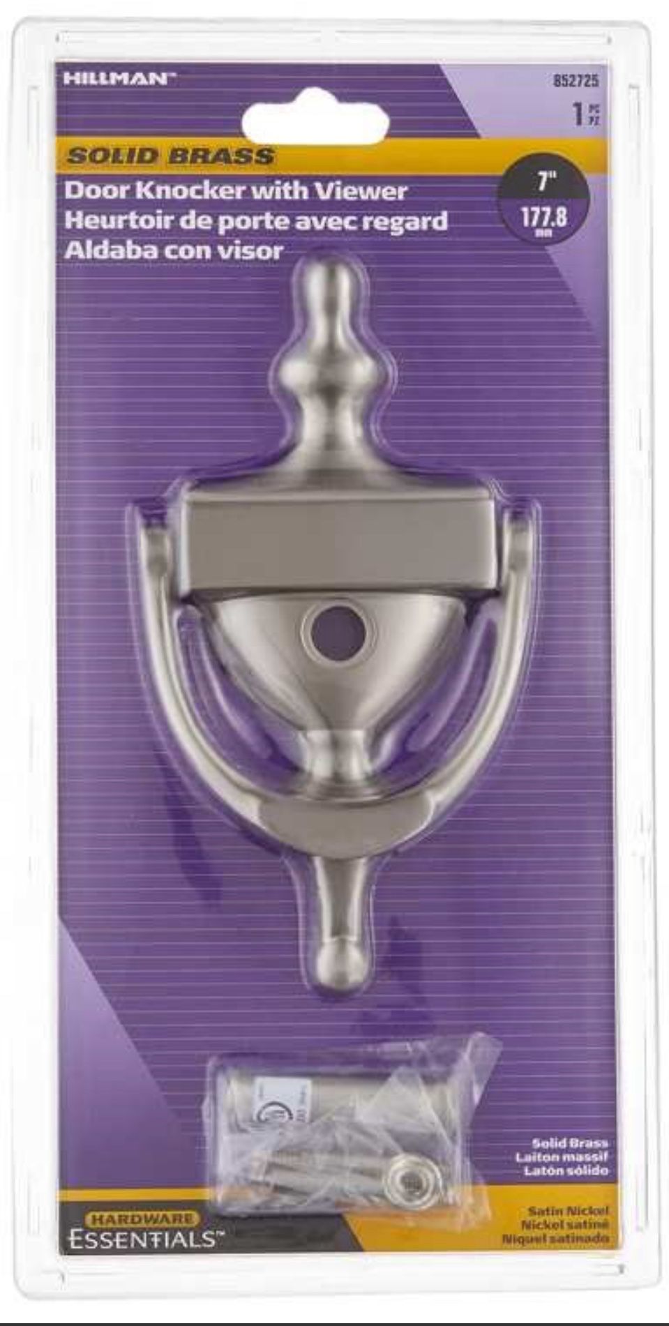HILLMAN Solid Brass 7" Door Knocker + Peep Hole Viewer ~ Satin Nickel ~ 852725