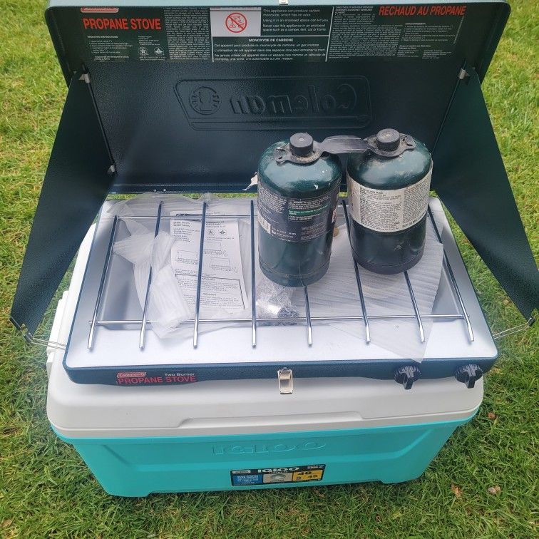 COLEMAN Propane Camping Stove, 2bottles Propane And New Ice Chest