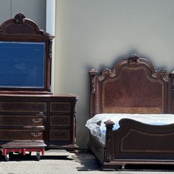 A.R.T. Furniture Queen Bedroom Set - Ornate Carved Wood Bed Frame, Dresser & Mirror - Traditional