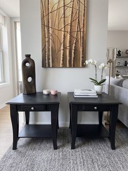 Black Wood End Tables with Drawer – Set of 2